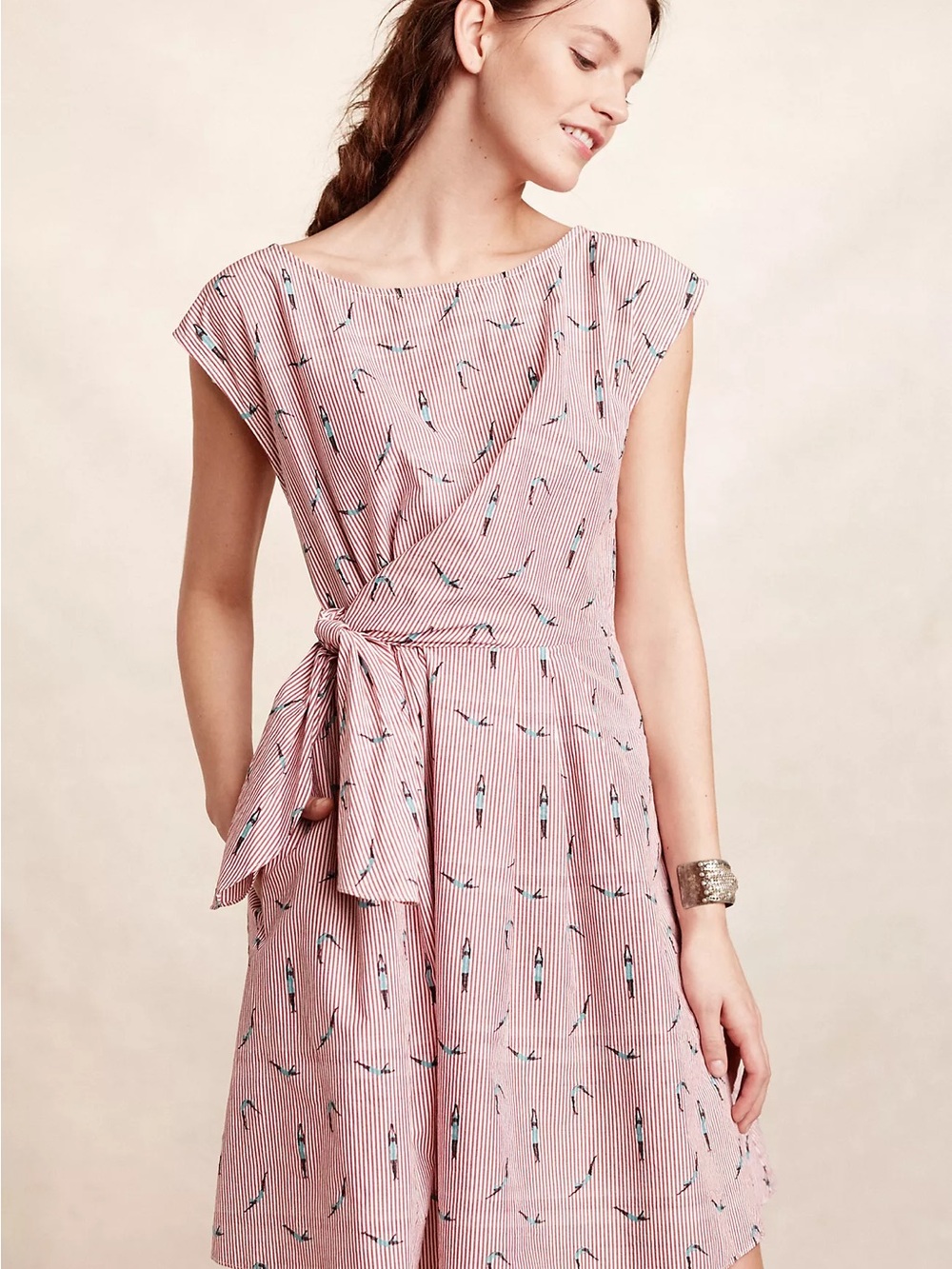 Maeve Anthropologie Red and White Striped Tie-Waist Cap Sleeve Dress